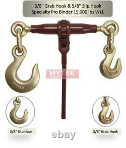 (4 Pack) PRO Heavy Duty Chain Binder Ratchet Style 3/8 Grab Hook & 5/8 Slip Ho