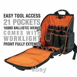 Klein 55655 21 Pockets Tradesman Pro Heavy Duty Tool Station Backpack with Light
