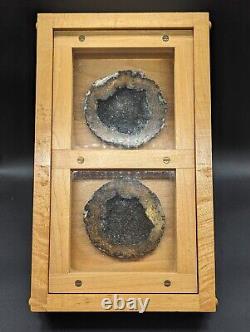 Museum Style Professional Display Heavy Duty Two Half Gray Geode 4-in White Oak