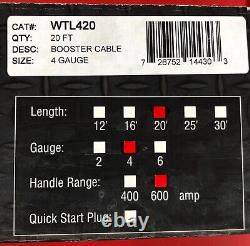USA Mize Wtl420 Professional Heavy Duty 4 Ga 20' Jumper Booster Cables 600 Amp